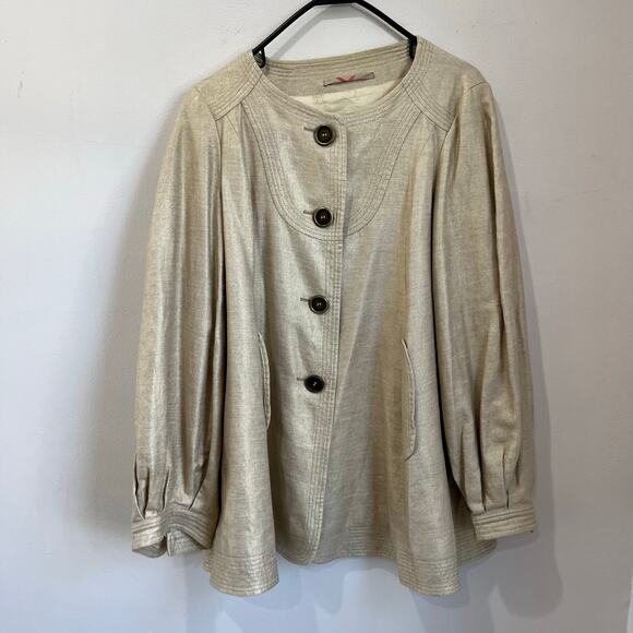 Burberry London Gold Metallic Cotton Linen Collarless Swing Style Jacket Sz 8R - Picture 10 of 11